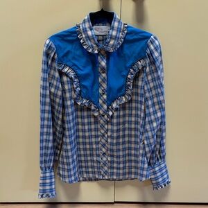 Vintage Kenny Rogers Blue Plaid Ruffled Yoke Button-Up Blouse.
